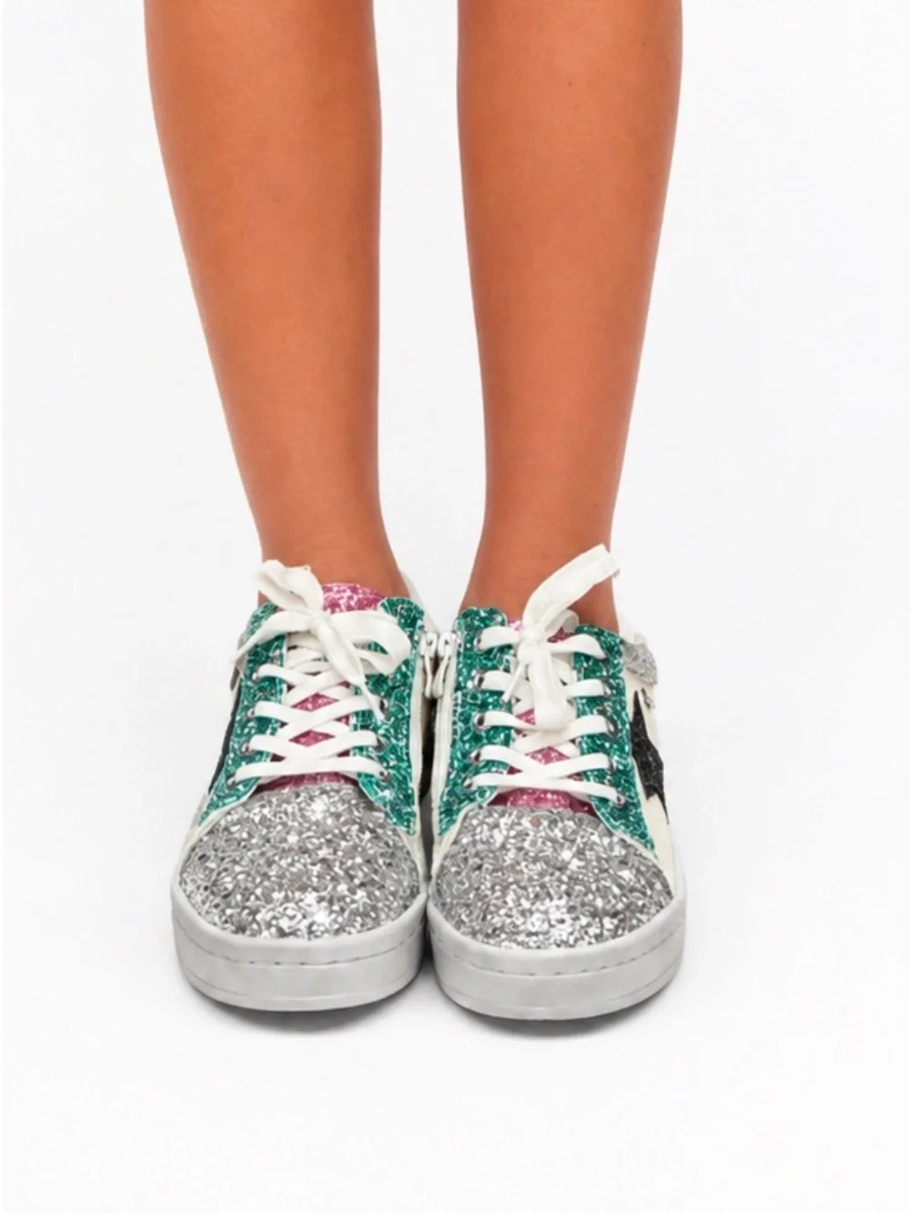 Lola + The Boys Glitter Star Sneakers in Silver, Green & Pink